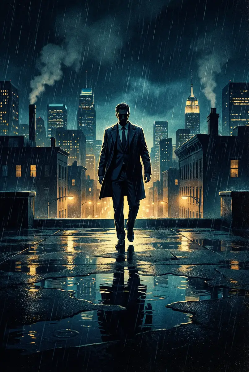 17.cc 出品影片《雨夜独行者》海报，雨中城市屋顶男性剪影